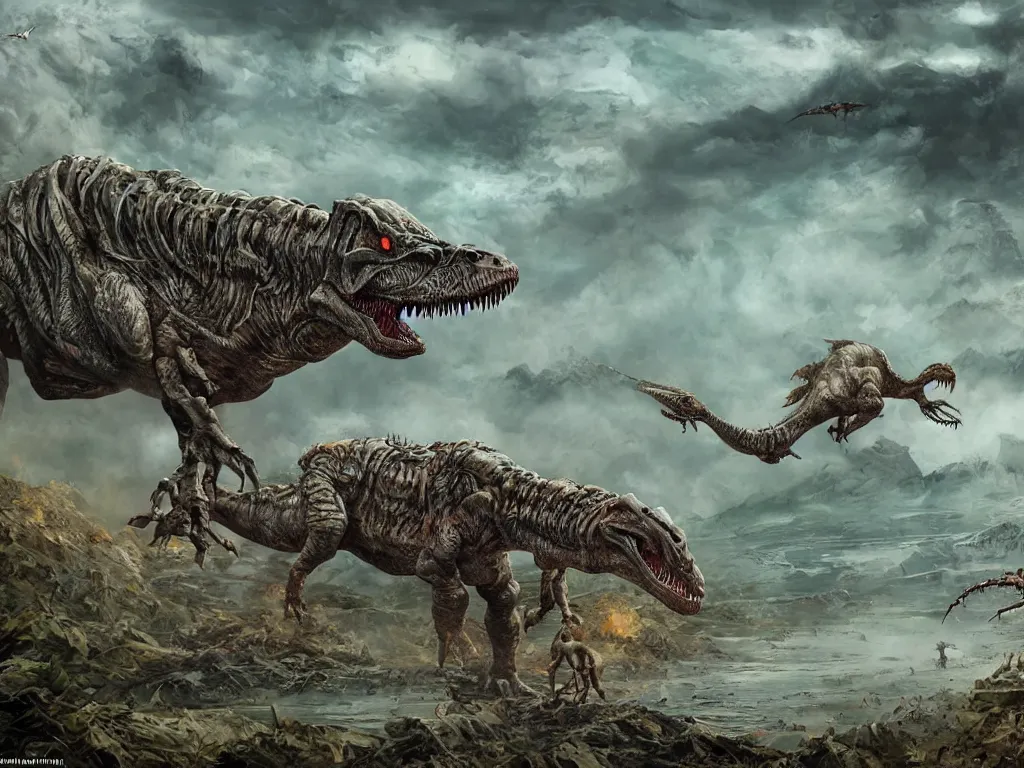 Prompt: A hyperrealistic illustration of a cyborg dinosaur predator and prey in a strange landscape with a toxic steaming lake, by Enki Bilal, Anato Finnstark, award-winning, masterpiece, extreme detail, sharp focus