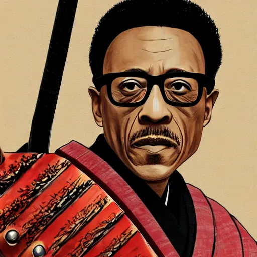 Image similar to gustavo fring from breaking bad wearing samurai armor and holding a katana in feudal japan, 4 k, hyper realistic, ink block painting, edo period