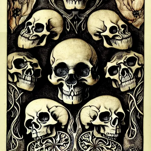 Prompt: melancholy memento mori by arthur rackham, detailed, art nouveau, gothic, ornately carved beautiful antique skull dominant, intricately carved antique bone, skulls, botanicals, art forms of nature by ernst haeckel, horizontal symmetry, arthur rackham, ernst haeckel