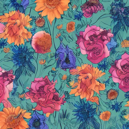 Prompt: a digital illustration of a messy group of flowers by Ross Tran and James Jean