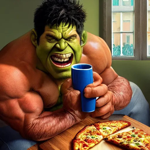 Prompt: A high definition and realistic photo of a smiling incredible hulk drinking a cup of coffee and eating pizza and croissant on a couch in his living room, hyperdetailed, artstation, digital art, photorealism, accurate, 8k,