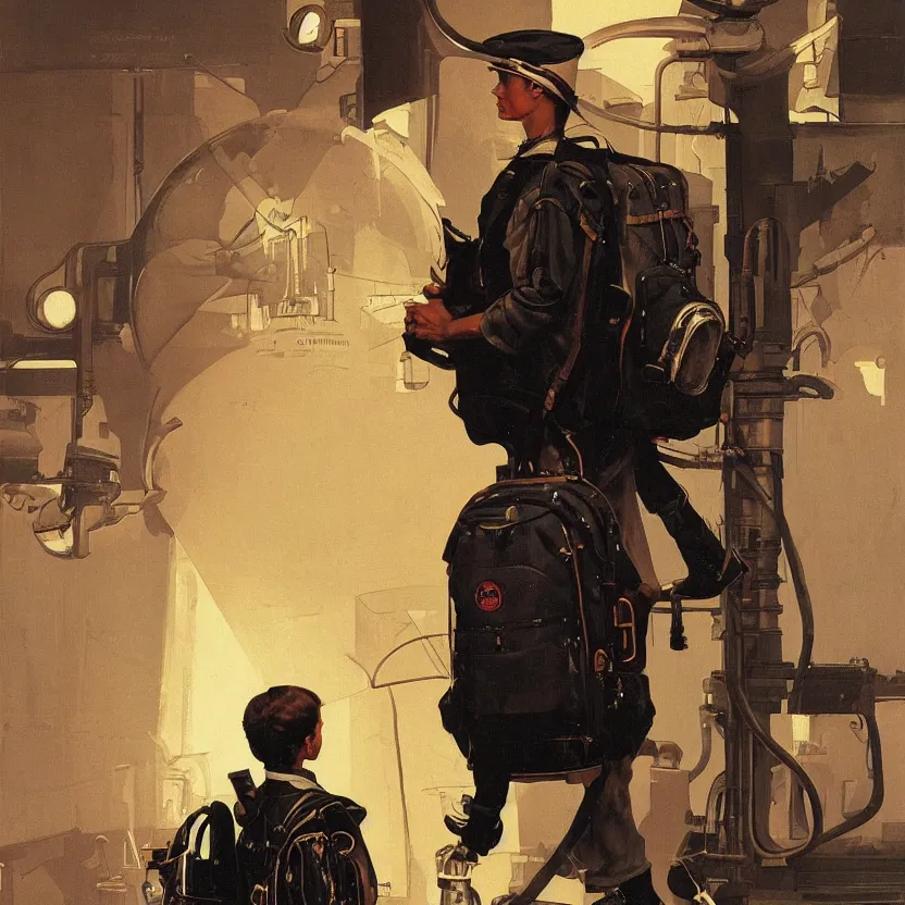 Image similar to a boy with a steampunk retrofuturistic backpack by syd mead and norman rockwell. highly detailed digital art. retrofuturism. steampunk. beautiful lighting. trending on artstation.