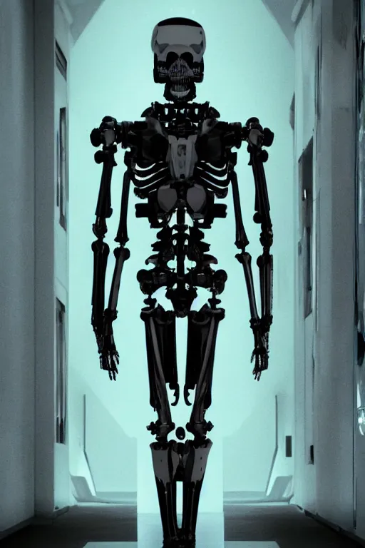 Image similar to skeletal black mecha walking down white marble hallway, Skeletal face android face one eye. mecha (carbon fiber) long limbs black panels reflective. Skeletal face android face one eye ((glowing_red_eye)) exposed wiring cable wire harness RTX On UE5 Artstation Bladerunner_2049_scene!!!!!! Cyberpunk 2077 bladerunner2049!!! bladerunner!!!