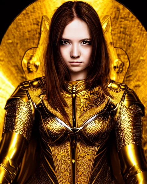 Prompt: comic book style portrait of woman in shining golden armor, high production value, intricate details, high resolution, hdr, high definition, masterpiece, realistic, ultrarealistic, highly detailed, hd, sharp focus, non blurry, sharp, smooth