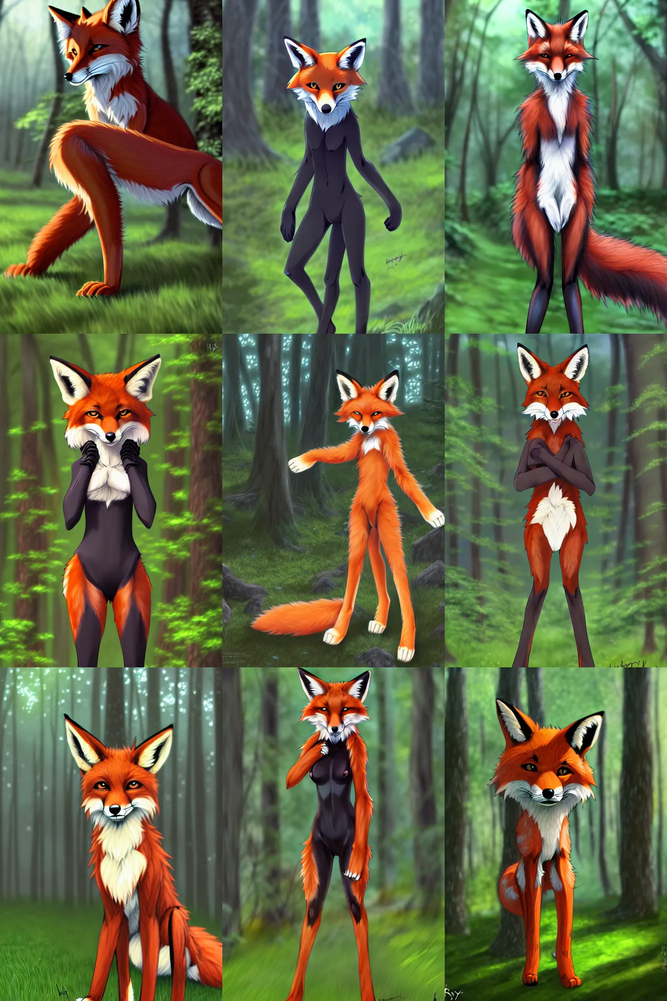 Prompt: furry art, anthro digitigrade fox with black paws standing in a forest, fursona commission, photorealistic, extremely detailed, anime key visual, pixiv, makoto shinkai, hibbary, dark natasha, goldenwolf, furaffinity, portrait