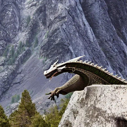 Prompt: photo of dragon under a mountain