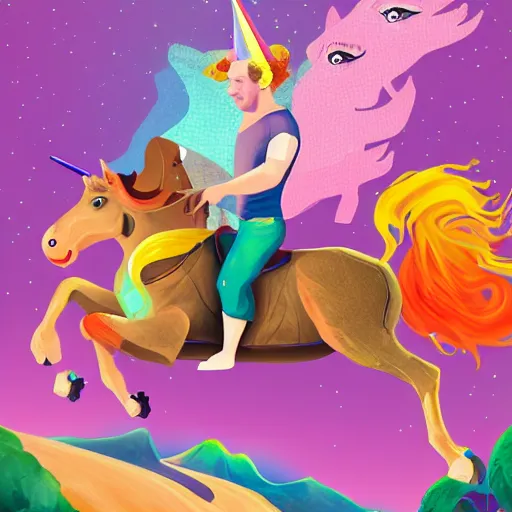 Prompt: mark zuckerberg riding a unicorn, pointing, wearing a crown, paradise landscape, vivid colors, pastelle, digital art, trending on artstation