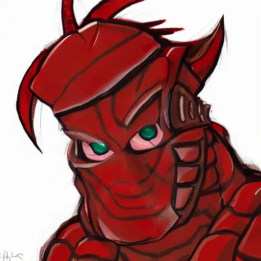 Prompt: a red scaly warrior with a cross for eyes, Character design, concept art