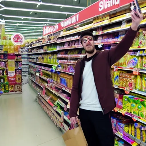 Prompt: selfi stick photography of an annoying youtuber visiting a hard discount supermarket, highly detailed, photorealistic