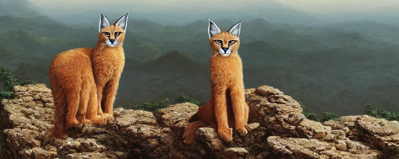 Image similar to a cute fluffy caracal on a high hill landscape with a circle of four large stones like fingers on the top, by ted nasmith