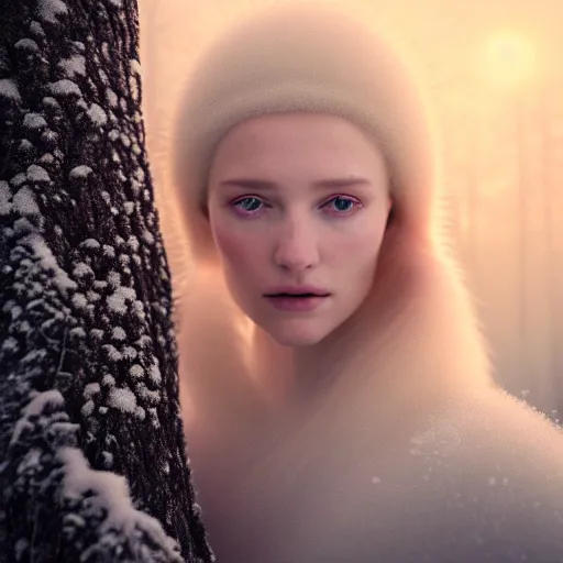 Image similar to photographic portrait of a stunningly beautiful english renaissance female in soft dreamy light at sunset, snowy forest, soft focus, contemporary fashion shoot, in a denis villeneuve and tim burton movie, by edward robert hughes, annie leibovitz and steve mccurry, david lazar, jimmy nelsson, extremely detailed, breathtaking, hyperrealistic, perfect face, octane render