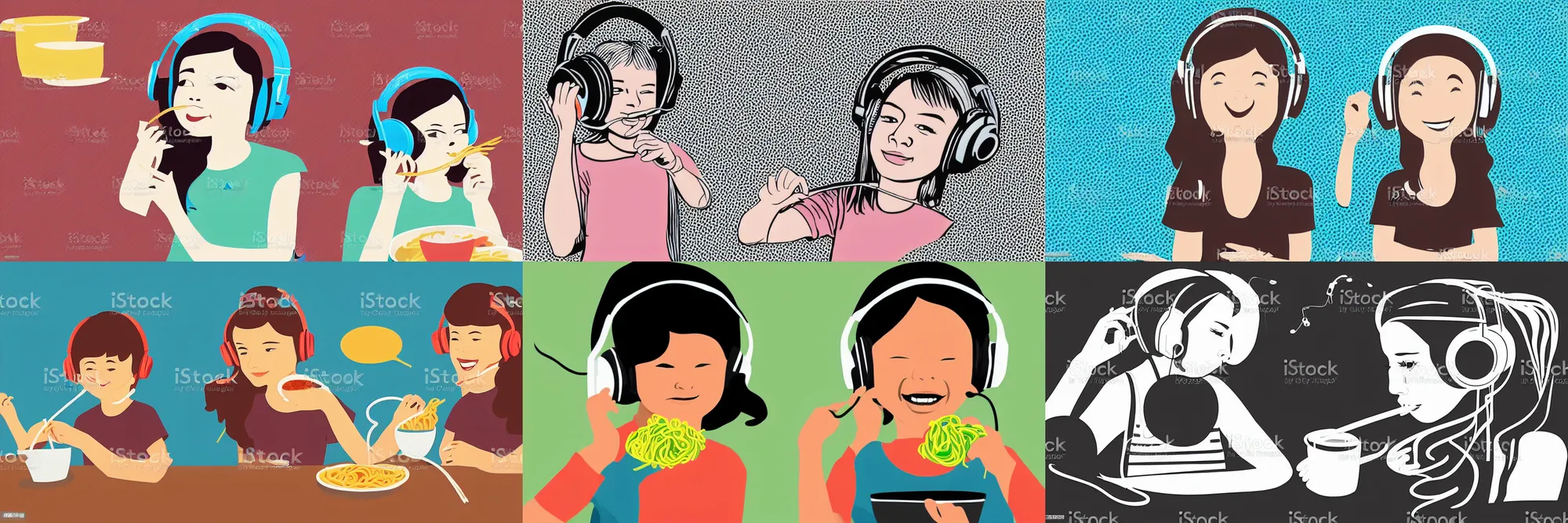 Prompt: vector art illustration girl wearing headphones, eating noodles, 4 color print