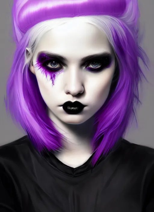 Image similar to portrait of white teenage girl, normal face, black bangs, mall goth, cyberlox, black and white hair, bangs, fluffy bangs, red contacts, purple lipstick, intricate, elegant, highly detailed, digital painting, artstation, concept art, sharp focus, smooth, illustration, art by wlop, mars ravelo and greg rutkowski