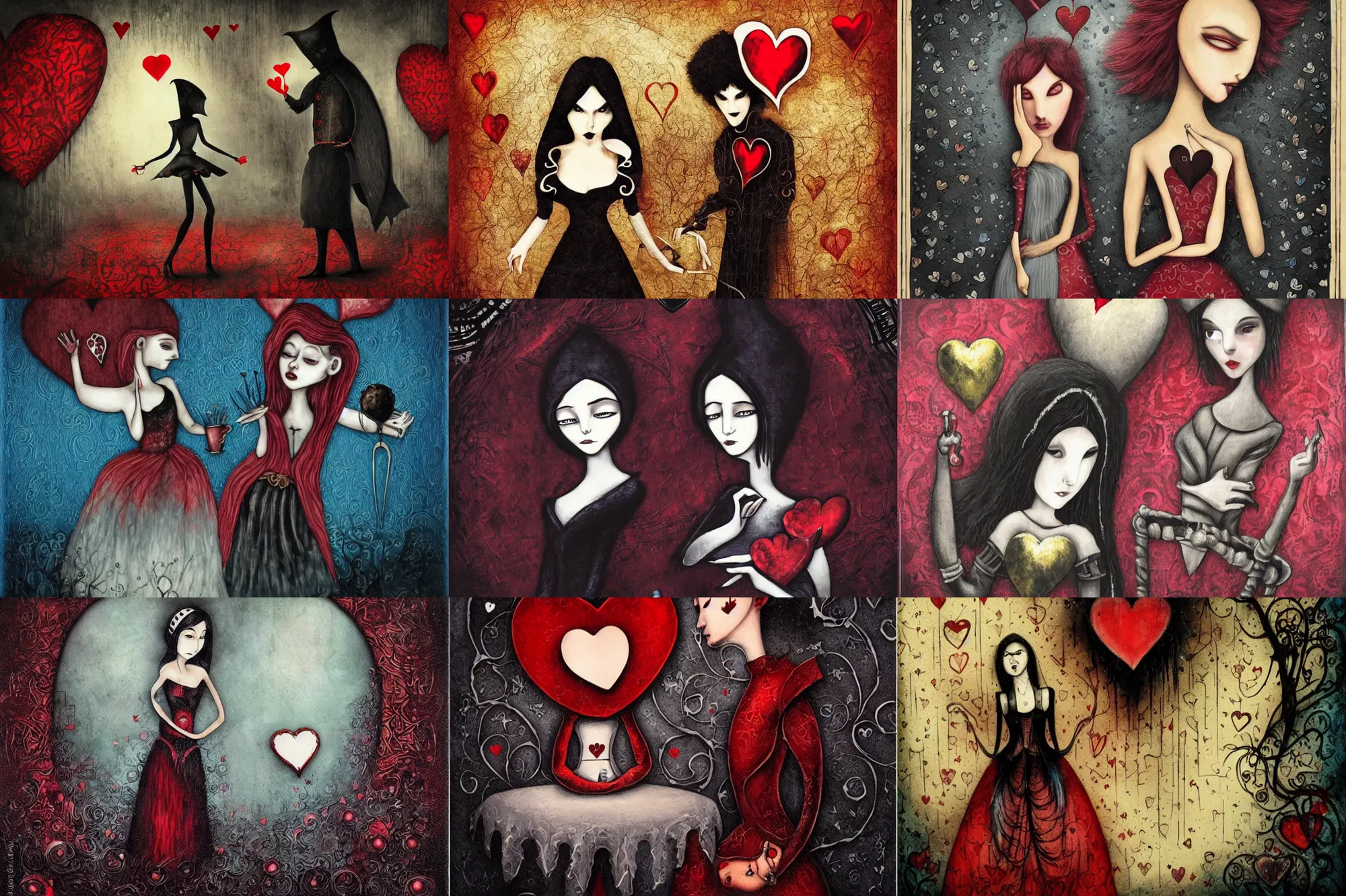 Prompt: Alice attends a trial for the Knave of Hearts, dramatic, art style Megan Duncanson and Benjamin Lacombe, super details, dark dull colors, ornate background, mysterious, eerie, sinister