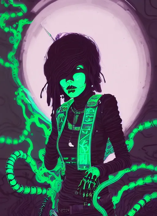 Prompt: highly detailed portrait of an moody wasteland punk long dripping green poison hair tribal lady, stray wiring by atey ghailan, james gilleard, by joe fenton, by greg rutkowski, by greg tocchini, by kaethe butcher, 4 k resolution, gradient purple, brown black and white color scheme!!! ( ( green flaming robotic sewer background ) )