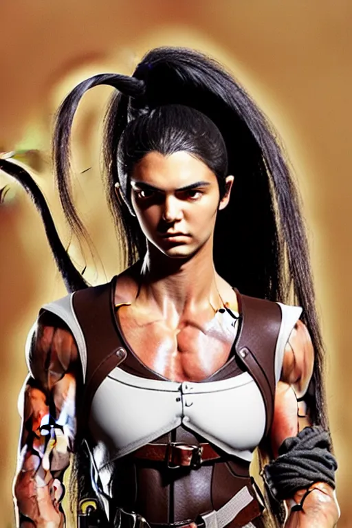 Prompt: fantasy genre portrait, photographic. imposingly tall, broadshouldered, muscular woman. half black half arab. dark skin. face like kendall jenner, dark complexion. hair has white stripe white streak in hair over left ear. modest practical buckskin leather clothing. fully dressed. massive hypertrophy. in her 3 0's. ranger. female.