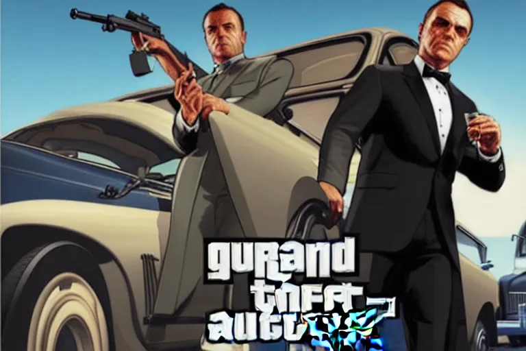 Image similar to GTA V cover art based on James Bond, starring 007 James Bond