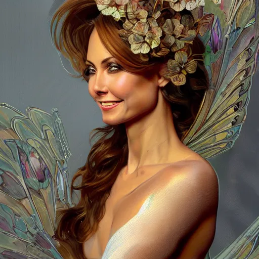 Image similar to a portrait of stacy keibler as a fairy, urban motifs, intricate, elegant, highly detailed, digital painting, trending on artstation, concept art, smooth sharp focus, illustration, art by artgerm and greg rutkowski alphonse mucha 8 k