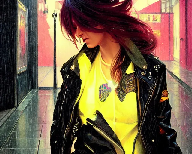 Prompt: painting of a punk woman in a leather bomber jacket on a rainy street at night, neon lighting, medium shot, symmetrical, elegant intricate digital painting, trending on artstation, by artgerm and greg rutkowski and alphonse mucha