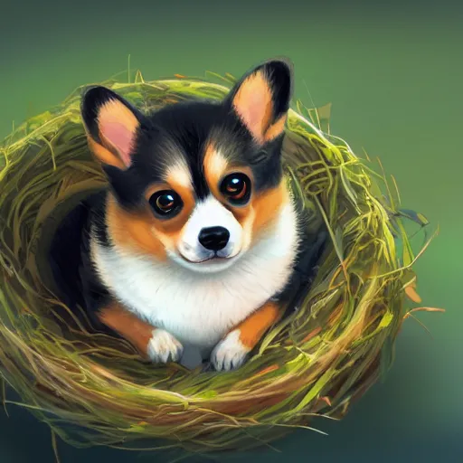 Image similar to concept art of a baby corgi hatching from an egg in a colorful nest, realistic, detailed, cel shaded, in the style of makoto shinkai and greg rutkowski and james gurney