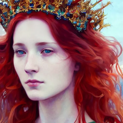 Image similar to beautiful watercolor painting of a young red hair woman wearing a crown of long golden fish, intricate, elegant, highly detailed, digital painting, artstation, concept art, smooth, sharp focus, art by krenz cushart and artem demura and alphonse mucha, dynamic lighting, ultrarealistic, cinematic, octane render, 8 k