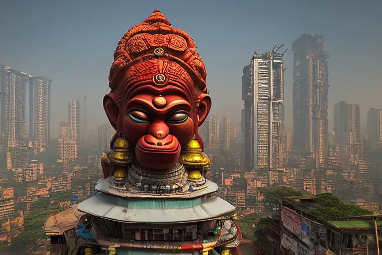 Image similar to high quality 3 d cyberpunk biomorphic hanuman head building in the middle of mumbai!!, kalighat highly detailed, cinematic smooth, stephen shore & john j. park, soft morning light, wide shot, high angle, uhd 8 k, deep focus