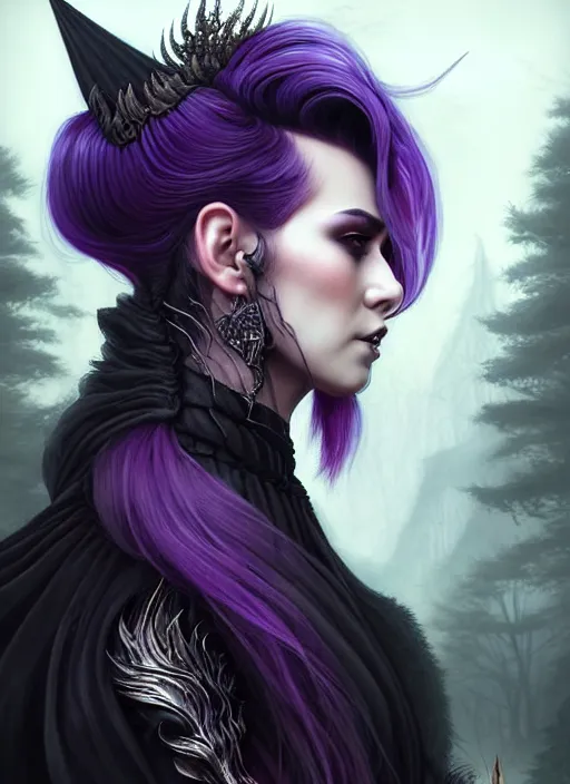 Image similar to side portrait dark witch, adventurer outfit large cloak, fantasy forest landscape, dragon scales, fantasy magic, undercut hairstyle, short purple black fade hair, dark light night, intricate, elegant, sharp focus, illustration, highly detailed, digital painting, concept art, matte, art by wlop and artgerm and ivan shishkin and andrey shishkin, masterpiece