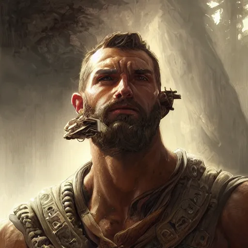 Prompt: portrait of a rugged ranger, muscular, upper body,, d & d, fantasy, intricate, elegant, highly detailed, digital painting, artstation, concept art, smooth, sharp focus, illustration, art by artgerm and greg rutkowski and alphonse mucha