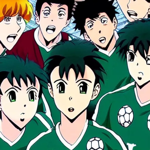 Prompt: still of an anime about the Algerian football team in the style of captain tsubasa