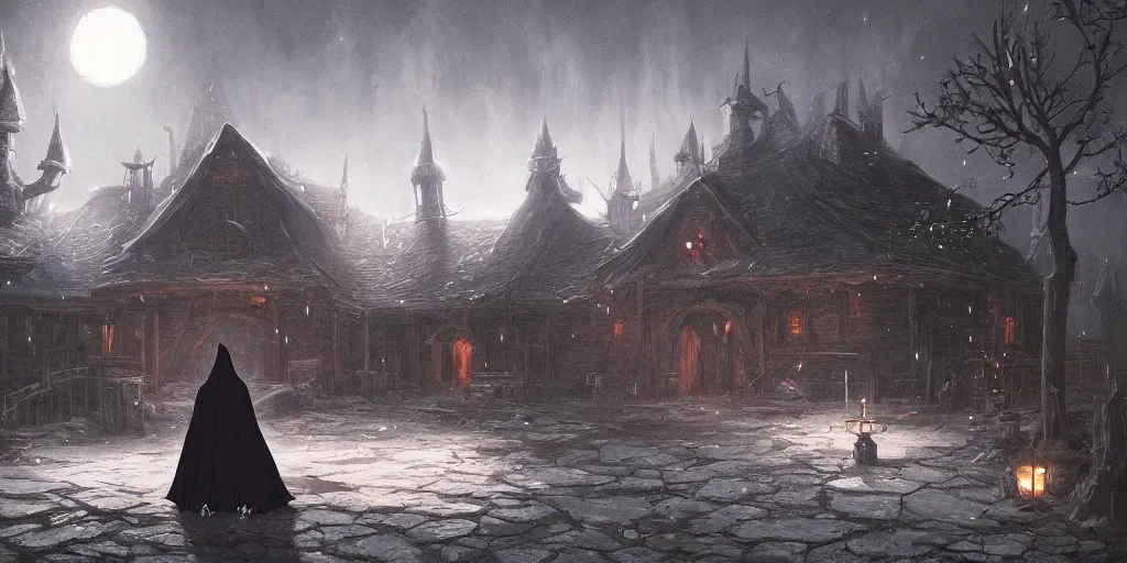 Image similar to a hooded glowing wizard approaches a mysterious abandoned tavern on a moonlit night, dark fantasy, Greg Rutkowski and Studio Ghibli