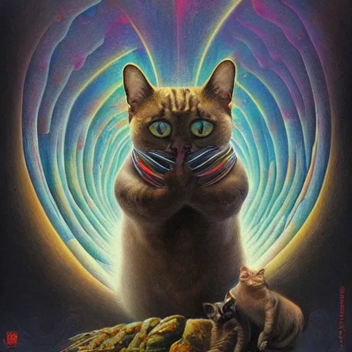 Image similar to a cat having an ego trip, by alex grey, by Esao Andrews and Karol Bak and Zdzislaw Beksinski and Zdzisław Beksiński, trending on ArtStation