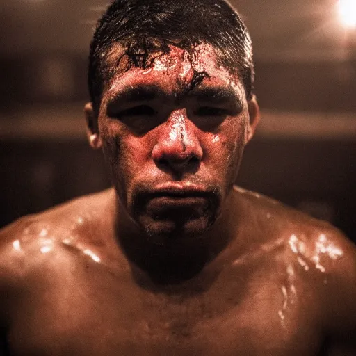 Image similar to close up portrait of boxer after boxing with brews blood sweating, photography photojournalism, very grainy image