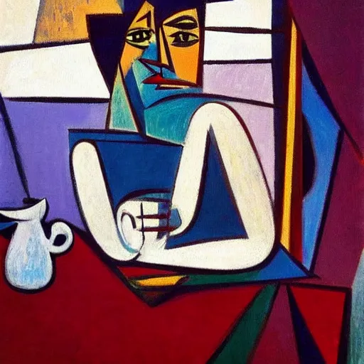 Prompt: It's morning. Sunlight is pouring through the window bathing the face of a man enjoying a hot cup of coffee. A new day has dawned bringing with it new hopes and aspirations. Painting by Picasso