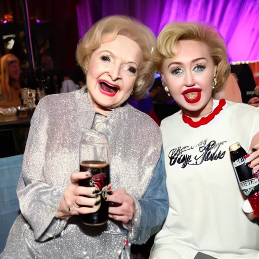 Image similar to betty white drinking white claw with miley cyrus