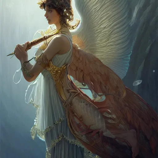 Image similar to portrait of the angel of fishery (fishery angle, an angel as representation of fishery), D&D, fantasy, intricate, elegant, highly detailed, digital painting, artstation, concept art, smooth, sharp focus, illustration, art by artgerm and greg rutkowski and alphonse mucha