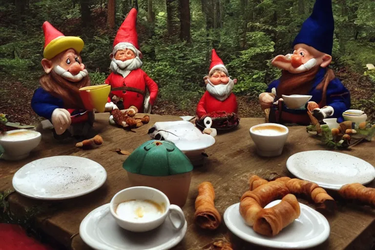 Prompt: Croissants and fuming hot chocolate served by living gnomes at a table in an moody forest. Photo