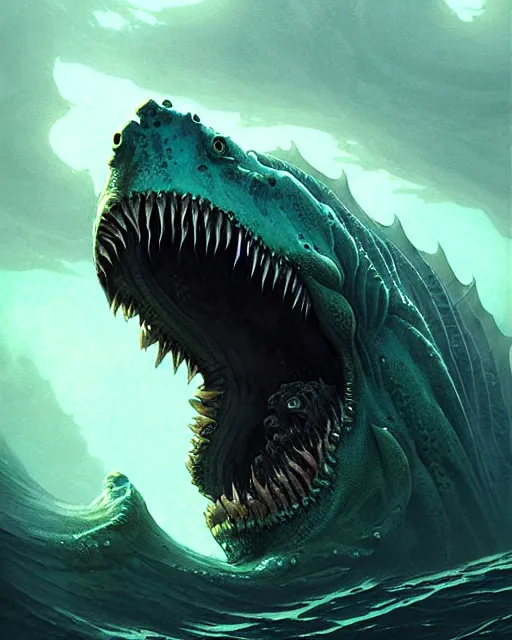 Image similar to anthropomorphic sea monster, leviathan | | terrifying, realistic shaded, fine details, realistic shaded lighting poster by greg rutkowski, diego gisbert llorens, magali villeneuve, artgerm, jeremy lipkin and rob rey