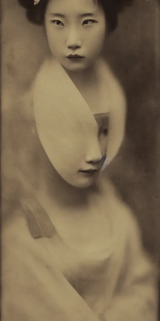 Image similar to a wet plate photography of a young asiatic young woman, geisha, photorealistic, cinematic light, highly detailed, shallow depth of field