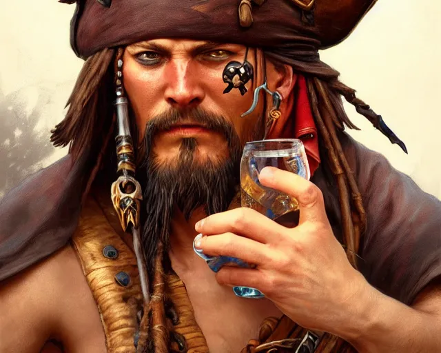 Prompt: close up of an old pirate drinking rum, deep focus, d & d, fantasy, intricate, elegant, highly detailed, digital painting, artstation, concept art, matte, sharp focus, illustration, hearthstone, art by artgerm and greg rutkowski and alphonse mucha