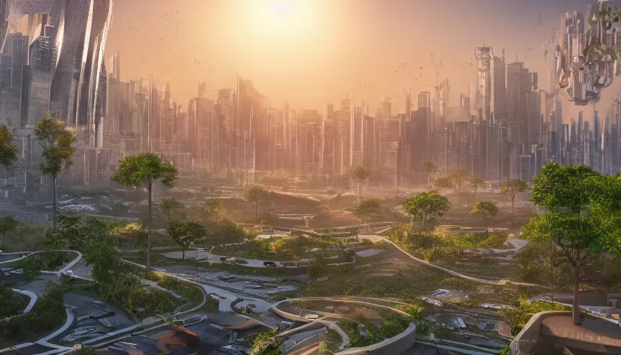 Prompt: photo of sunrise over a beautiful solarpunk city, many trees, flying cars, dramatic lighting, romantic, eco system, hyper realistic,