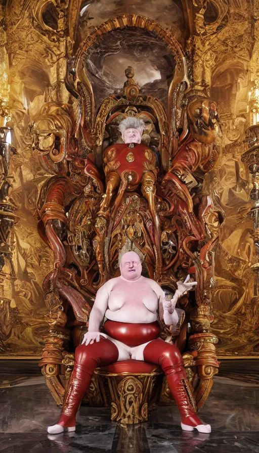 Image similar to Kenneth McMillan as baron harkonnen with red hair dressed in a leather spacesuit standing in front of a giant throne in a huge ornate baroque futuristic room with a low ceiling, marble pillars, beautiful tiled floor, inspired by leyendecker, zdzislaw beksinski, giger, lawrence alma-tadema, 4k, dune concept art, sung choi, artstation photoreal, subdued colours, highly detailed