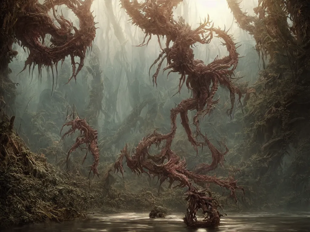 Image similar to scary mystycal monster with many limbs with elemental magic hunting in foggy river. vaporwave, unreal engine 5, art by artgerm and greg rutkowski and alphonse mucha, hdr global illumination, detailed and intricate environment. hyperrealistic, volumetric lighting. epic cinematic shot, perfectly defined features, ambient occlusion