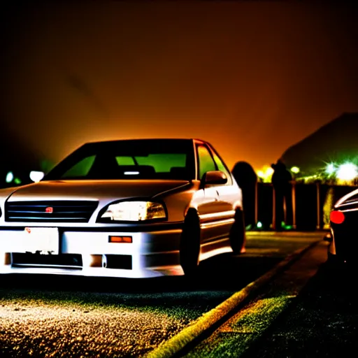 Image similar to a car JZX90 at illegal car meet, Chiba prefecture, city midnight mist lights, cinematic color, photorealistic, highly detailed, 50MM