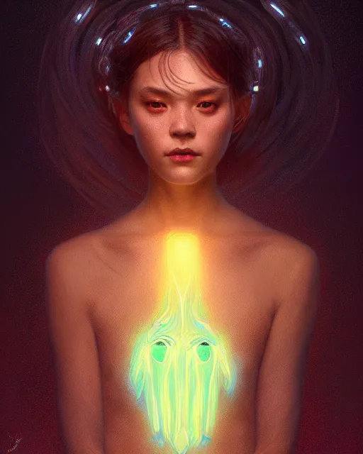 Image similar to one singular portrait of a sad bioluminescent creature, highly detailed, digital painting, cinematic, hyper realism, dark retrowave, art by stanley lau and artgerm and magali villeneuve and alphonse mucha, artstation, octane render, cgsociety