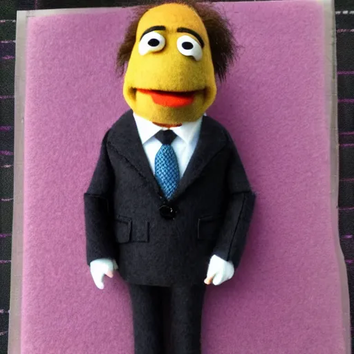 Image similar to saul goodman as a muppet. dark suit with pink dress shirt. highly detailed felt. hyper real photo. 4 k.