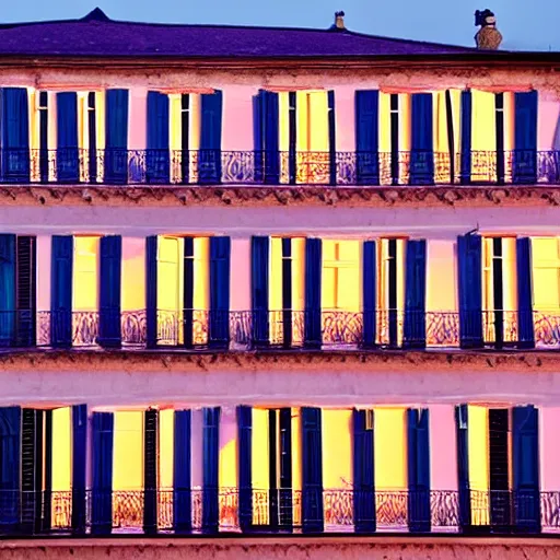 Prompt: a french building. sunset lighting. people at the windows