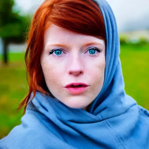 Image similar to close up portrait photo of the left side of the face of a redhead woman with blue eyes and big black round pupils who looks directly at the camera. Slightly open mouth, face covers half of the frame, with a park visible in the background. 135mm nikon. Intricate. Very detailed 8k. Sharp. Cinematic post-processing. Award winning photography