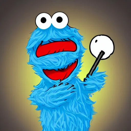 Image similar to cookie monster holding a light samer, anime style.