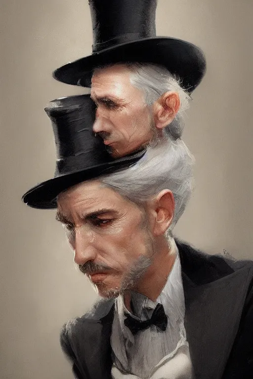 Prompt: a grey hair halfling stubble top hat and suit by Greg Rutkowski, painting, portrait, HD, high details, trending on artstation