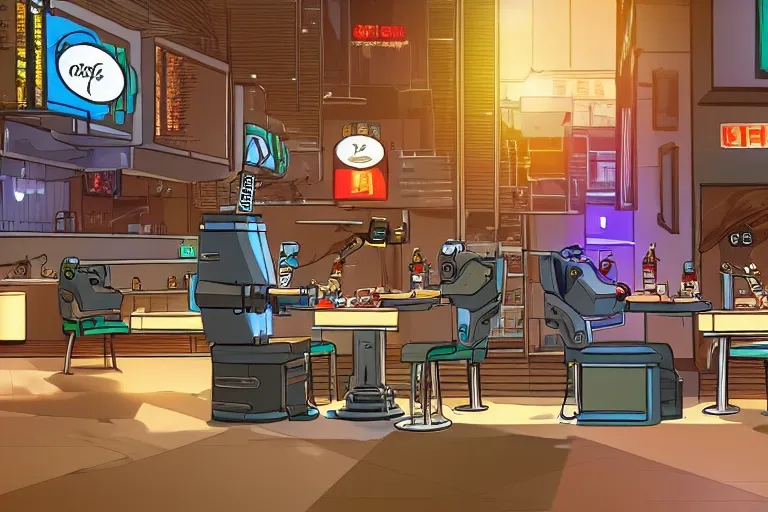 Prompt: two robot ordering food in a restaurant, cyberpunk city, 4k, detailed, digital art